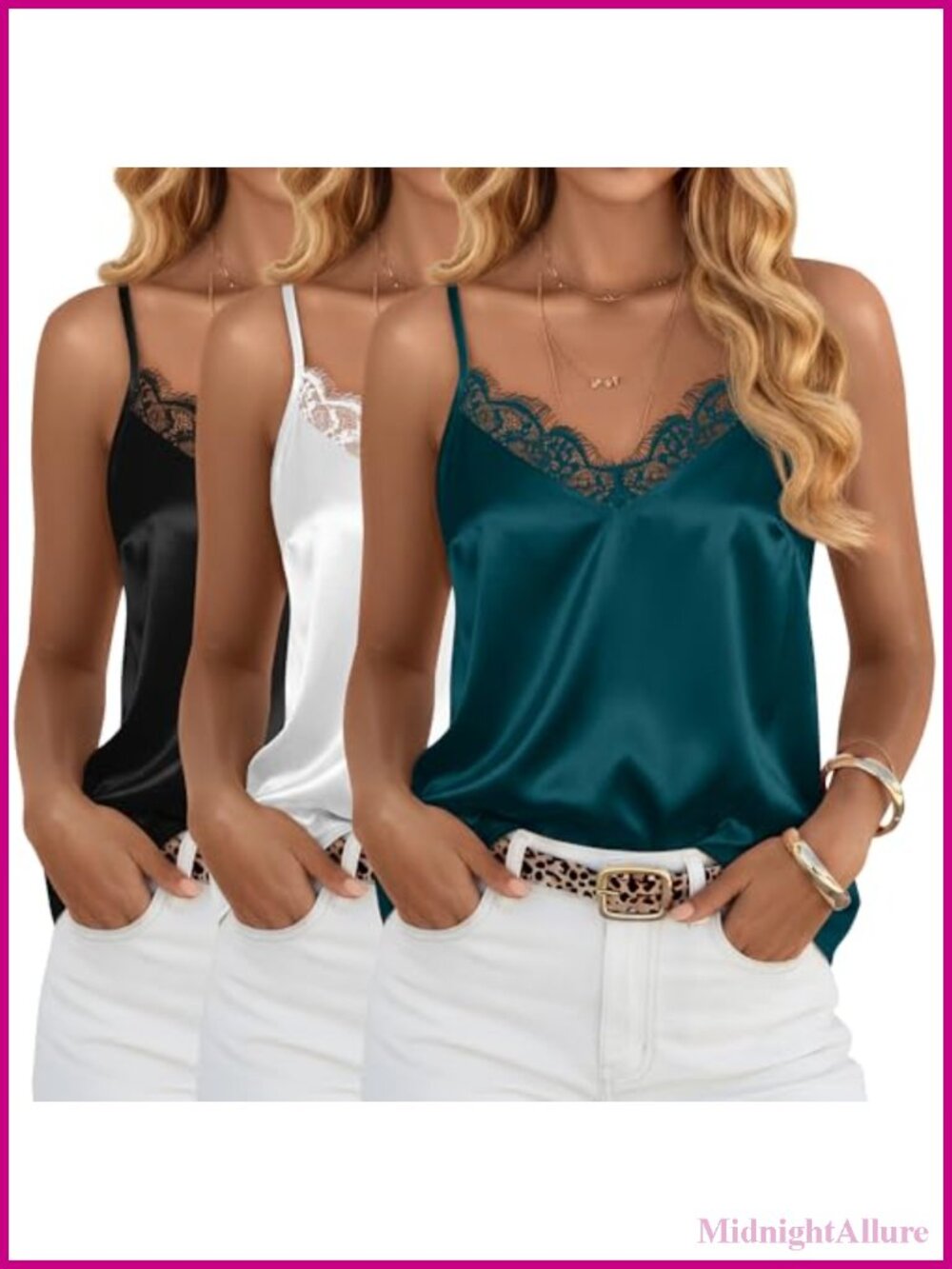 3 Pack Women's Satin Camisole V Neck Adjustable Straps Lace Trim Sleeveless
